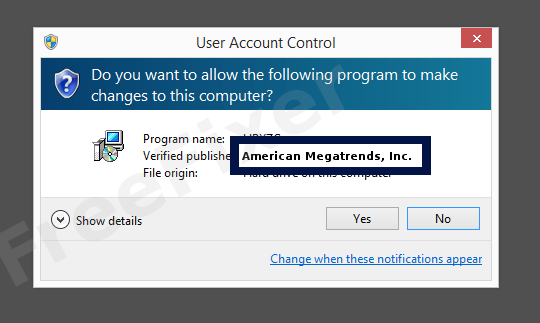 Screenshot where American Megatrends, Inc. appears as the verified publisher in the UAC dialog